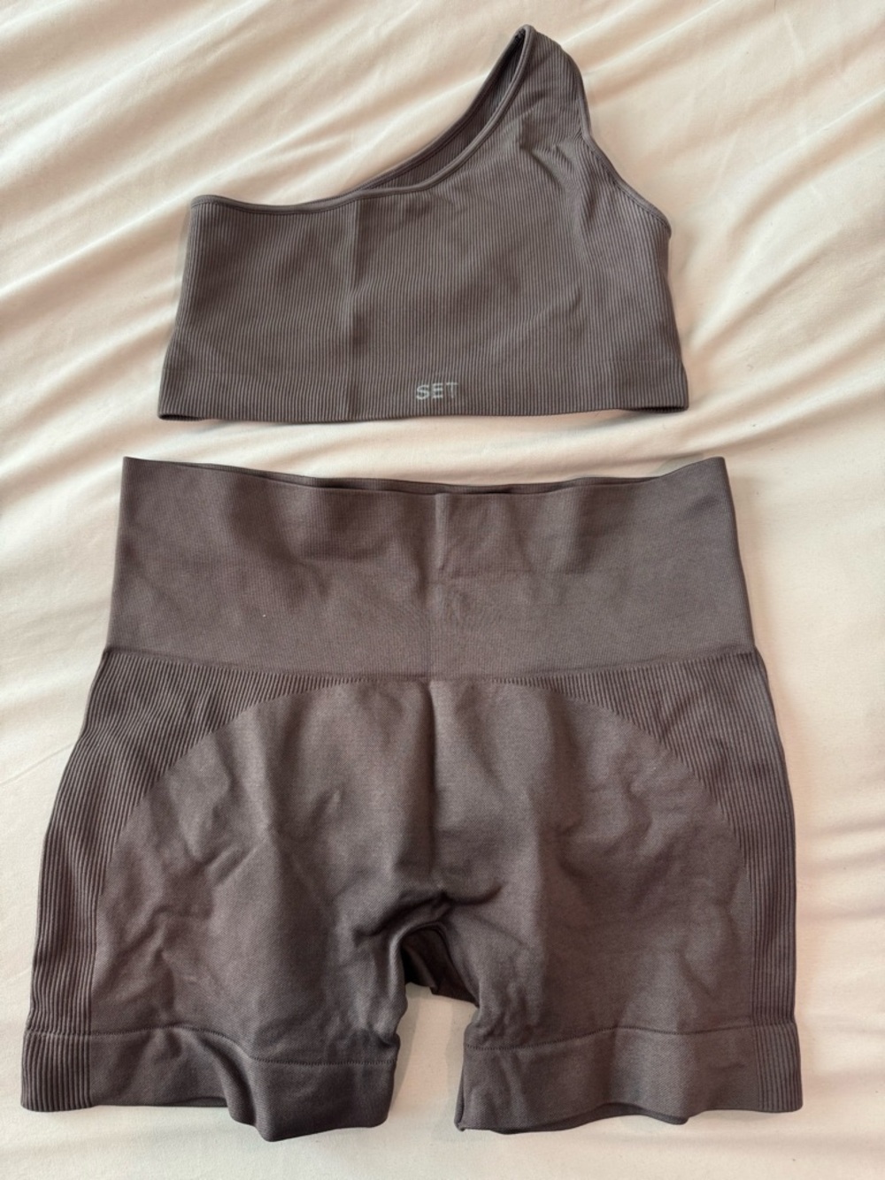 SET Active Womens Ribbed One-Shoulder Sports Bra and High-Waist Shorts - Brown